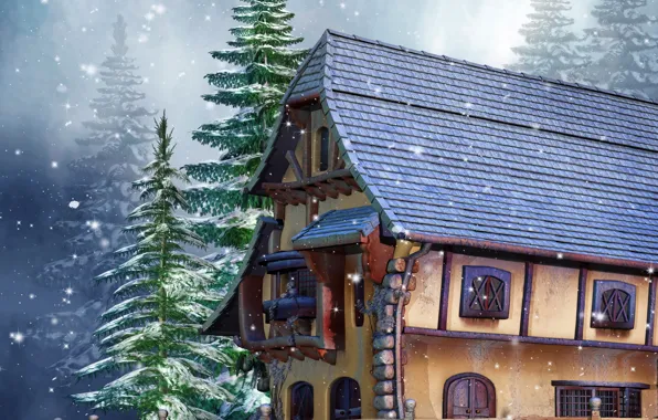 Картинка зима, снег, дом, фото, забор, ель, 3D графика