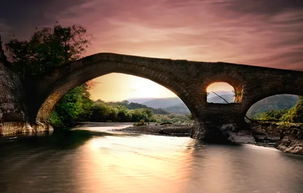 Картинка пейзаж, закат, мост, природа, река, Греция, леса, берега