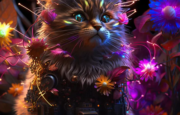 Картинка Цветы, Кошка, Кот, Cyber Cat, ИИ-арт, Искусство искусственного интеллекта, Нейросеть, Киберкот
