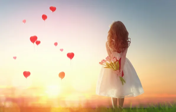 Любовь, закат, сердце, девочка, love, heart, romantic, balloon