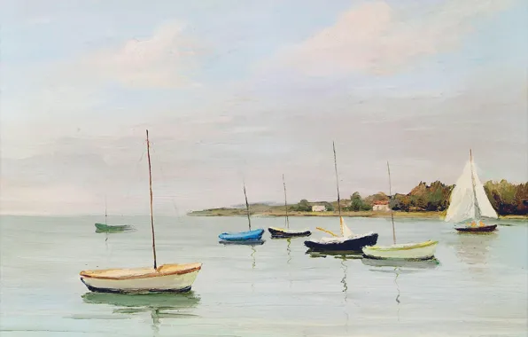 Картинка море, пейзаж, берег, картина, лодки, парус, Brittany, Марсель Диф