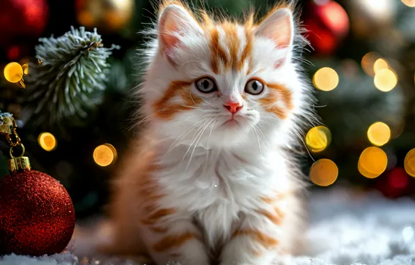 Снег, Котенок, Кошки, Новый год, Елка, Боке, Белый кот, Рыжий кот