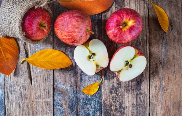 Картинка осень, листья, яблоки, wood, autumn, leaves, fruits, осенние