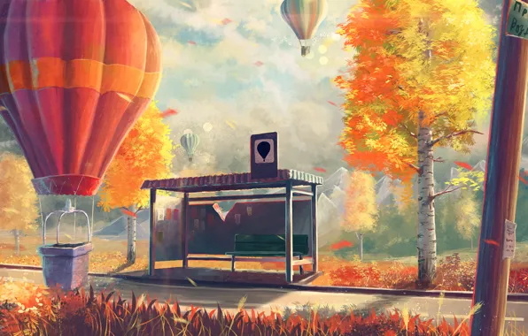 Картинка осень, деревья, воздушные шары, арт, лавочка, берёзы, остановка
