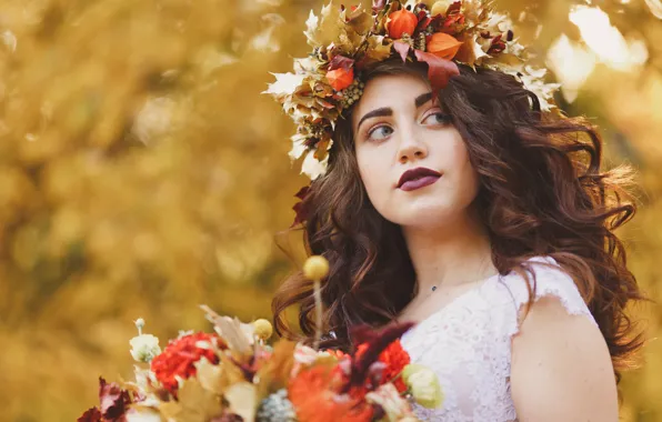 Девушка, Взгляд, Осень, Girl, Букет, Света, Autumn