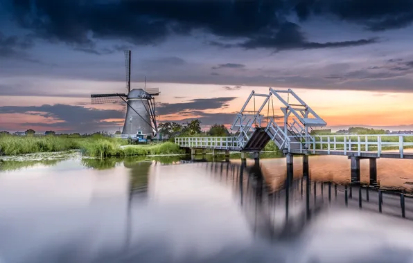 Картинка вода, пейзаж, мост, природа, деревня, мельница, Нидерланды, Киндердейк