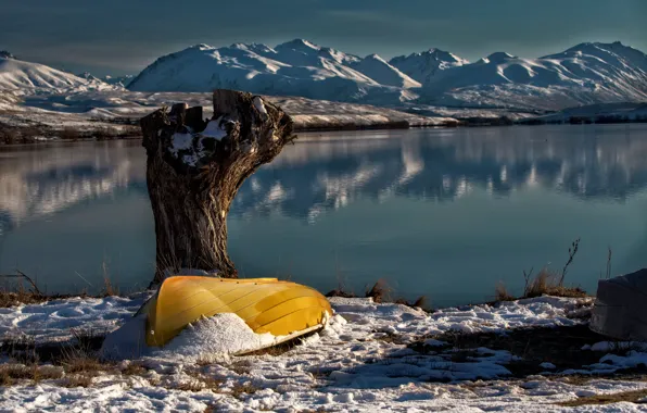 Снег, озеро, лодка, New Zealand, Lake Tekapo, South Island, Lake Alexandrina