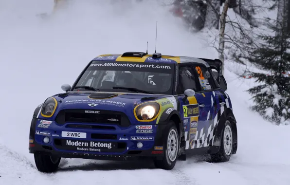 Зима, Вечер, Mini, Синий, Снег, Гонка, Фары, wrc