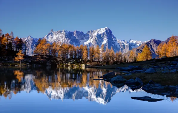 Картинка осень, небо, снег, деревья, горы, озеро, отражение