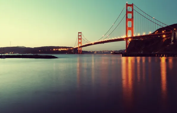 Картинка мост, огни, вечер, золотые ворота, США, Сан Франциско, San Francisco, Golden Gate