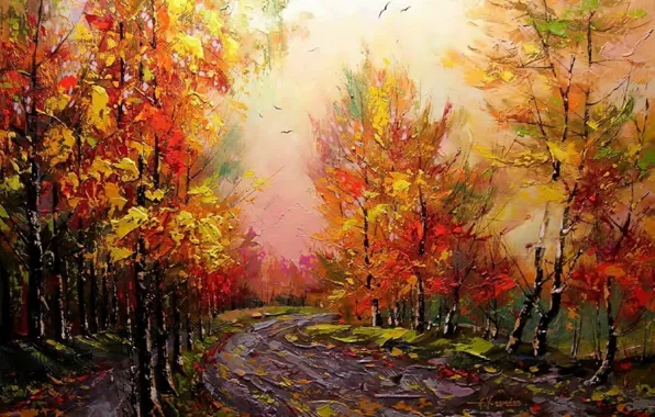 Картинка дорога, осень, пейзаж, парк, картина, утро, живопись, красная