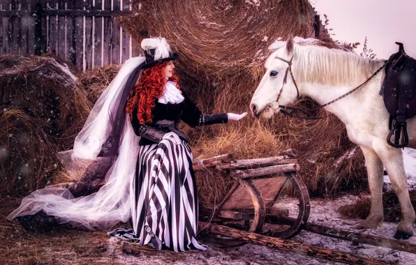 Картинка девушка, снег, конь, волосы, лошадь, шляпа, сено, наряд