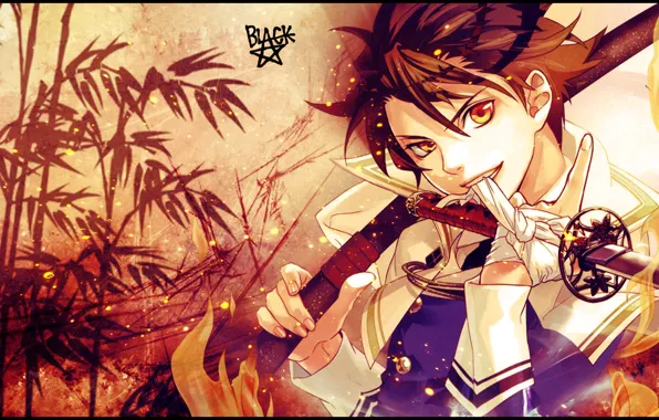 Картинка пламя, катана, бамбук, искры, повязка, парень, желтые глаза, ножны