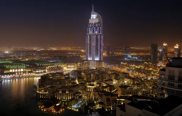 Вода, ночь, город, пальмы, дома, Дубай, отель, Dubai