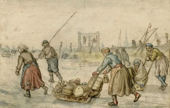 Рисунок, Хендрик Аверкамп, Hendrick Avercamp, 1595, Крестьяне и бегуны на коньках на льду