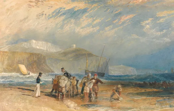 Картинка море, небо, облака, люди, берег, картина, морской пейзаж, Уильям Тёрнер