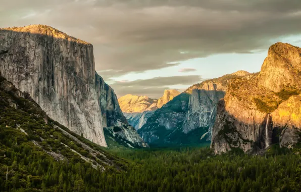 Картинка лес, небо, деревья, горы, скалы, Yosemite, National Park, Sierra Nevada