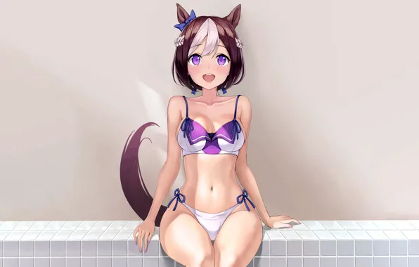 Girl, sexy, cleavage, long hair, brown hair, boobs, animal ears, anime