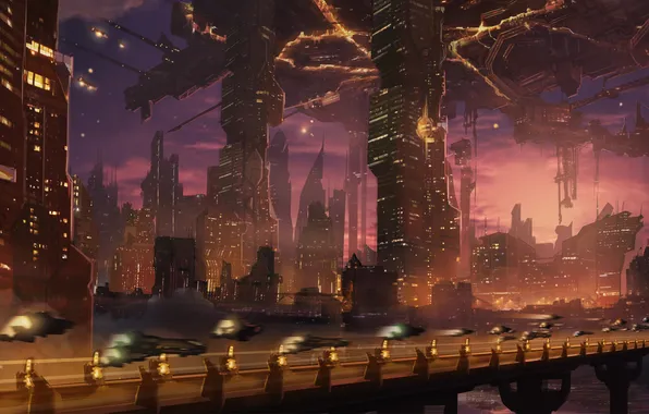 Картинка город, огни, будущее, транспорт, корабли