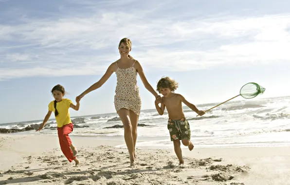 Картинка песок, море, пляж, девушка, дети, настроения, ребенок, семья