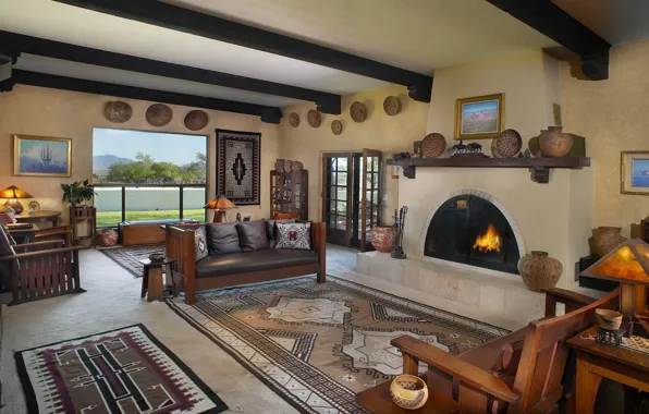Интерьер, печь, гостиная, испанский колониальный стиль, Nizhoni ranch, Southwestern native american design, ранчо Нижони, Юго-западный …