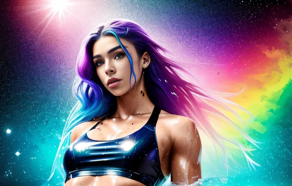 Картинка colorful, wet, women, dyed hair, wet body, upscaled, sports bra, AI art