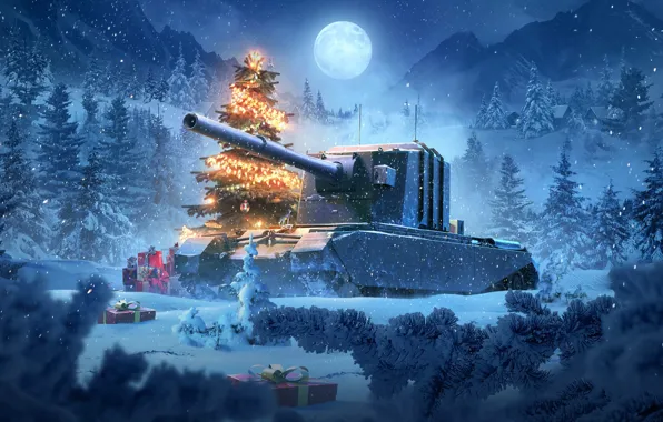 Ночь, праздник, луна, Рождество, танк, Новый год, танки, Мир танков