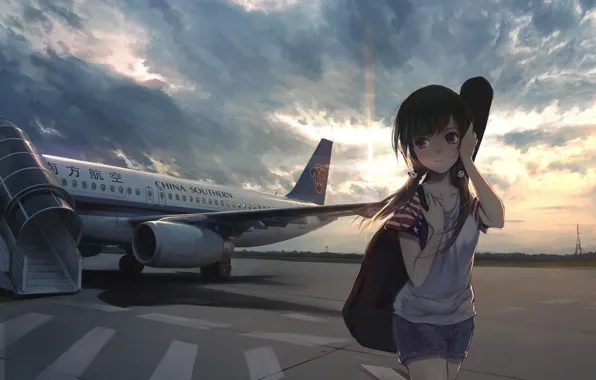 Girl, sky, anime, airplane, flag, japanese, China Souther
