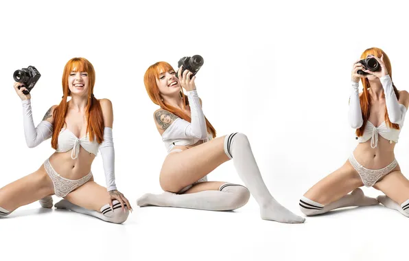 Девушка, улыбка, фотоаппарат, белый фон, позы