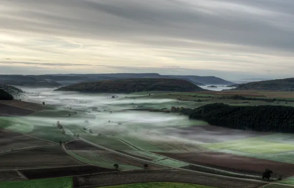 Осень, туман, поля, HDR, обработка, утро, Германия, дымка