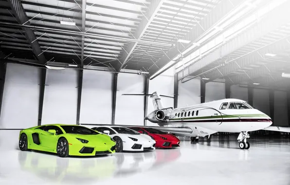 Lamborghini, Самолет, Red, Ангар, Green, White, LP700-4, Aventador