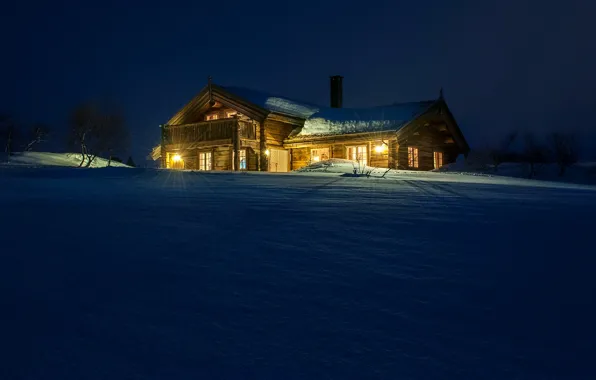 Картинка зима, снег, деревья, ночь, огни, дом, Норвегия, фонари