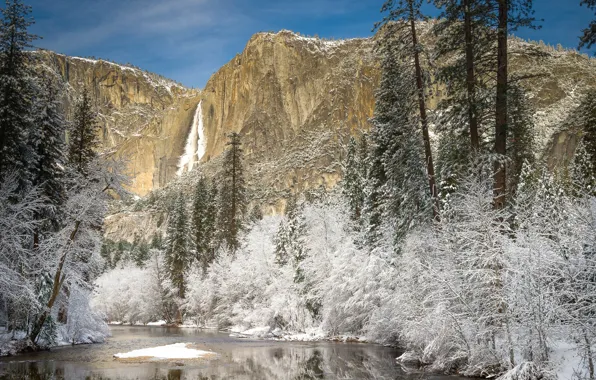 Картинка зима, пейзаж, природа, скала, река, красота