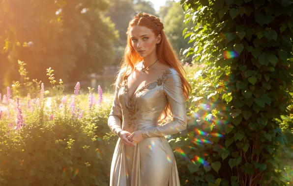 Картинка girl, summer, fantasy, dress, Sansa Stark, red hair, art