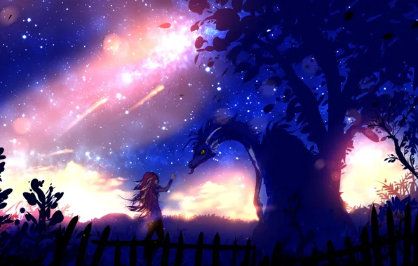Девушка, звезды, ночь, дракон, art, by ryky, under the lights