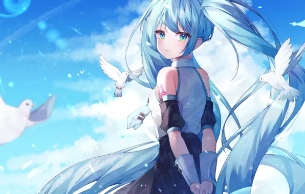 Небо, девушка, птицы, Hatsune Miku, Vocaloid
