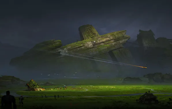 Луга, Вид, Развалины, Солдаты, Разрушения, Fantasy, Пейзаж, Art