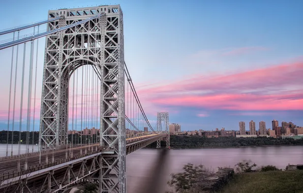 Картинка город, река, Нью-Йорк, мост Джорджа Вашингтона