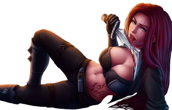 Эротика, девушка, оружие, игра, арт, League of Legends, Katarina, красные волосы
