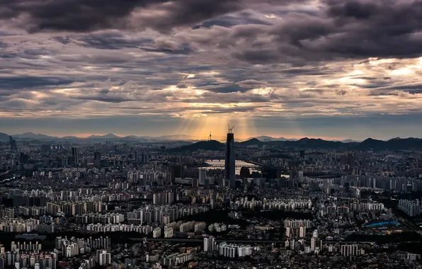 Korea, sunset in Seoul, Light up the Tower