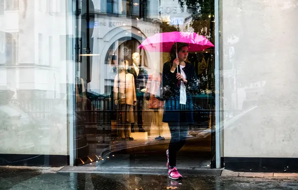 Девушка, отражение, зонт, витрина, Pink Umbrella