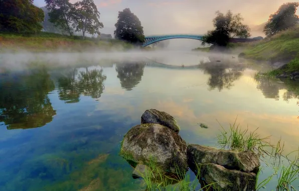 Картинка мост, природа, туман, река, камни, утро, берега