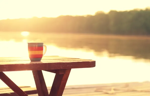 Река, кофе, горячий, утро, good morning