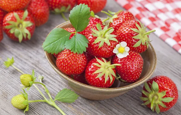 Картинка деревья, ягоды, стол, клубника, чашка, red