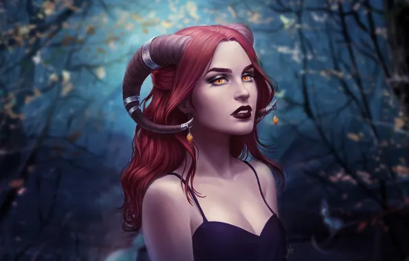 Девушка, Рисунок, Взгляд, Лес, Губы, Стиль, Лицо, Girl