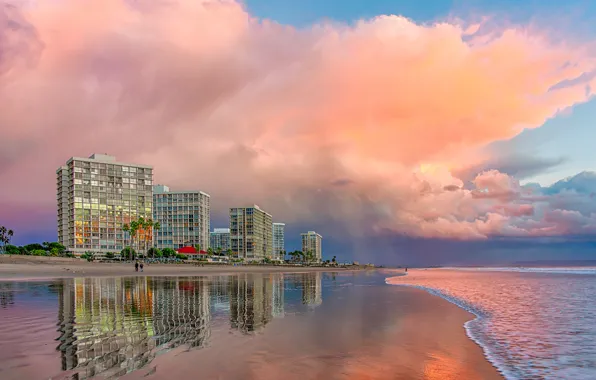 Пляж, облака, Калифорния, розовые, Сан-Диего