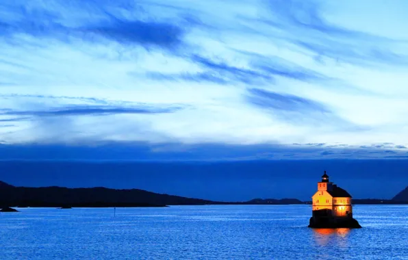 Light, sea, ocean, night, lighthouse, bay, blue hour