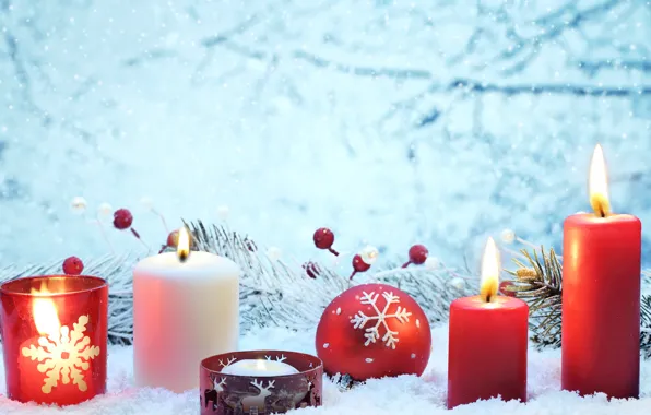 Снег, украшения, красный, lights, огни, вишня, шары, свечи