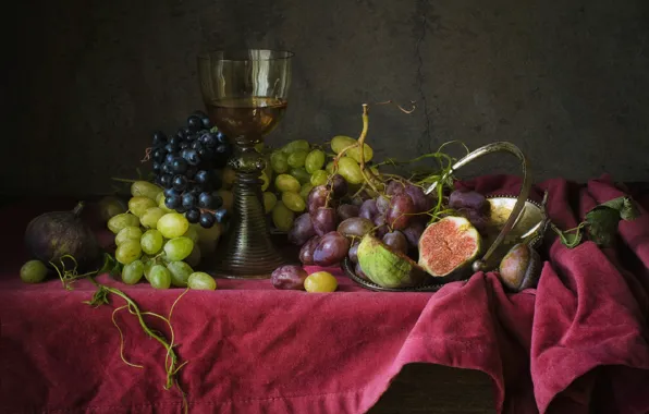 Стекло, бокал, виноград, фрукты, натюрморт