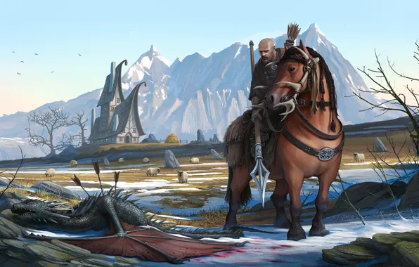 Картинка горы, конь, дракон, лошадь, воин, фэнтези, арт, сюжет